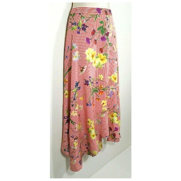 Calvin Klein red striped floral asymmetrical handkerchief hem skirt plus Size 2X - Picture 4 of 7
